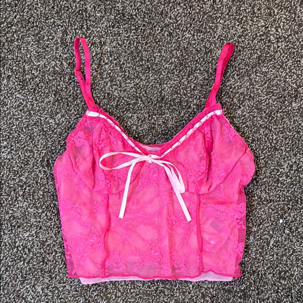 Pink Lace Crop Top with Bow